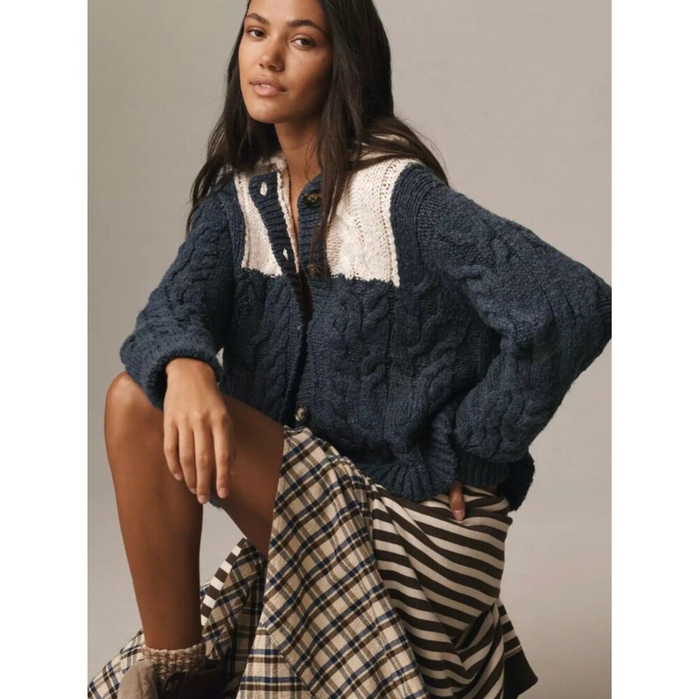 Pilcro | Navy Cream Colorblock Cable Knit Ruffle Collar Cardigan Size Medium